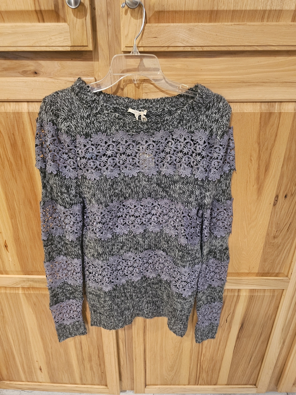 Mystree Gray Knit Sweater with Lavender Lace Stripes